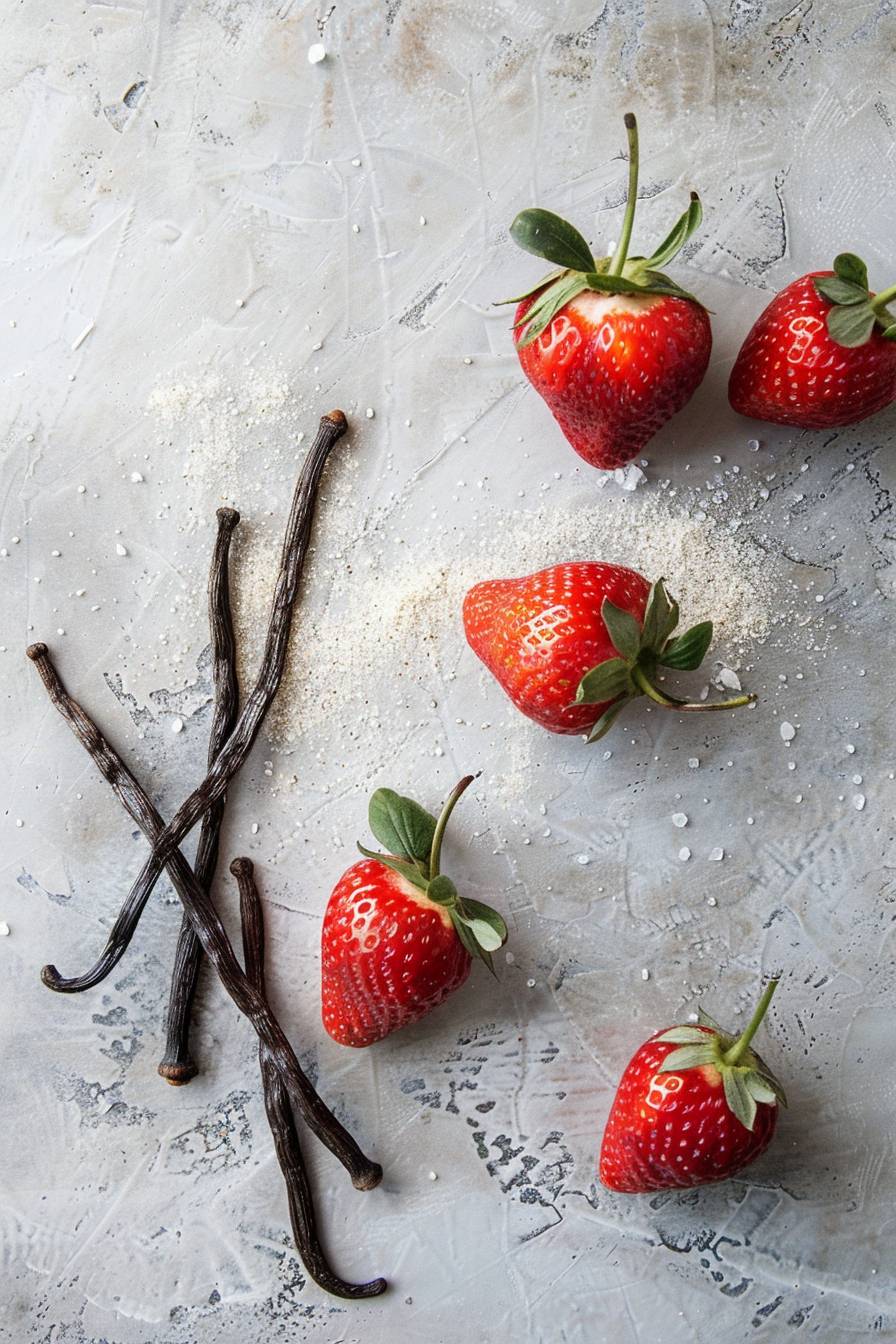 Display 2-3 strawberries and vanilla bean sticks each on the empty space on the floor.