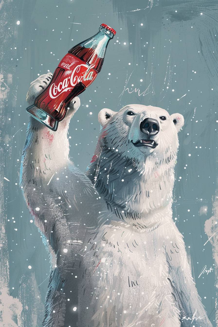 An illustration design poster of a friendly white polar bear holding a Coca Cola bottle