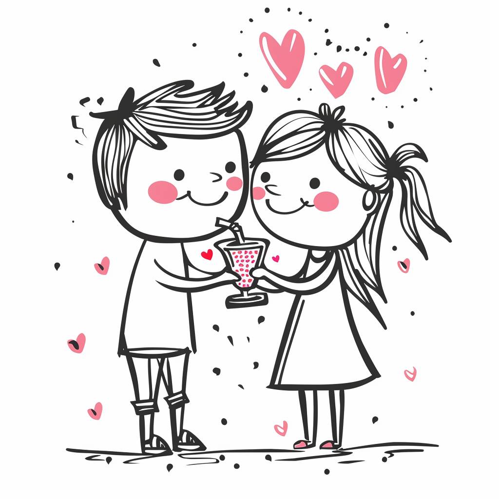 Hand-drawn cartoon-style 2D stick figure of a loving couple sharing a drink, with hearts, very detailed, high quality