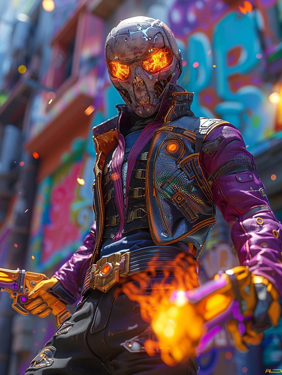 G.Validus from Ghost Rider in the style of an Overwatch character design, holding purple and yellow flame guns with orange flames, wearing black pants, white helmet with red fire on top, grey vest with blue details, purple shirt with pink and green patterns, standing pose on a futuristic city street background, colorful graffiti wall behind him, 3D cartoon game scene, vibrant colors, high resolution