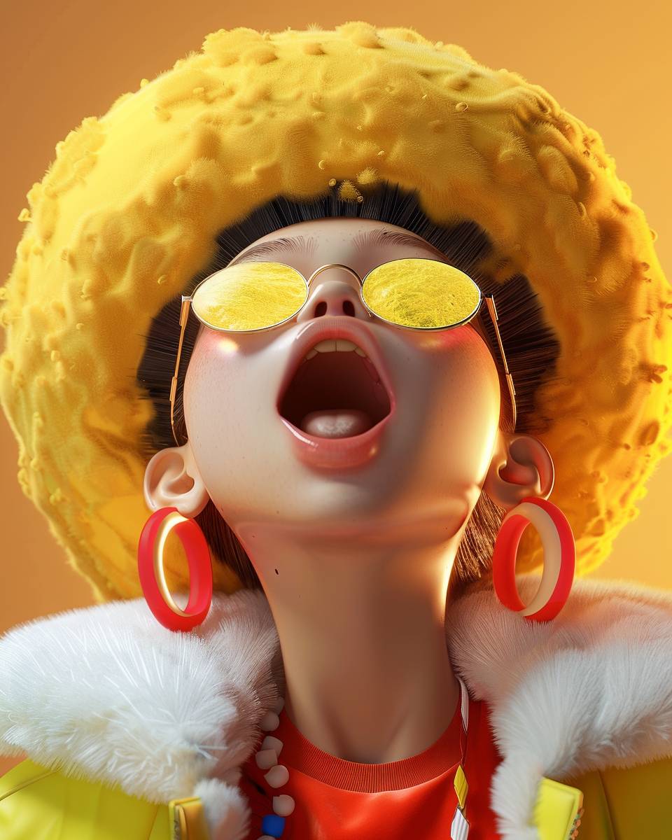 Head into a surreal moonmask, ground-level view, a woman in extravagant clothing laughing with big neon brown eyes and statement earrings | Inspired by Juergen Teller, Daria Petrilli, delicacy of touch, and the style of Miwa Komatsu