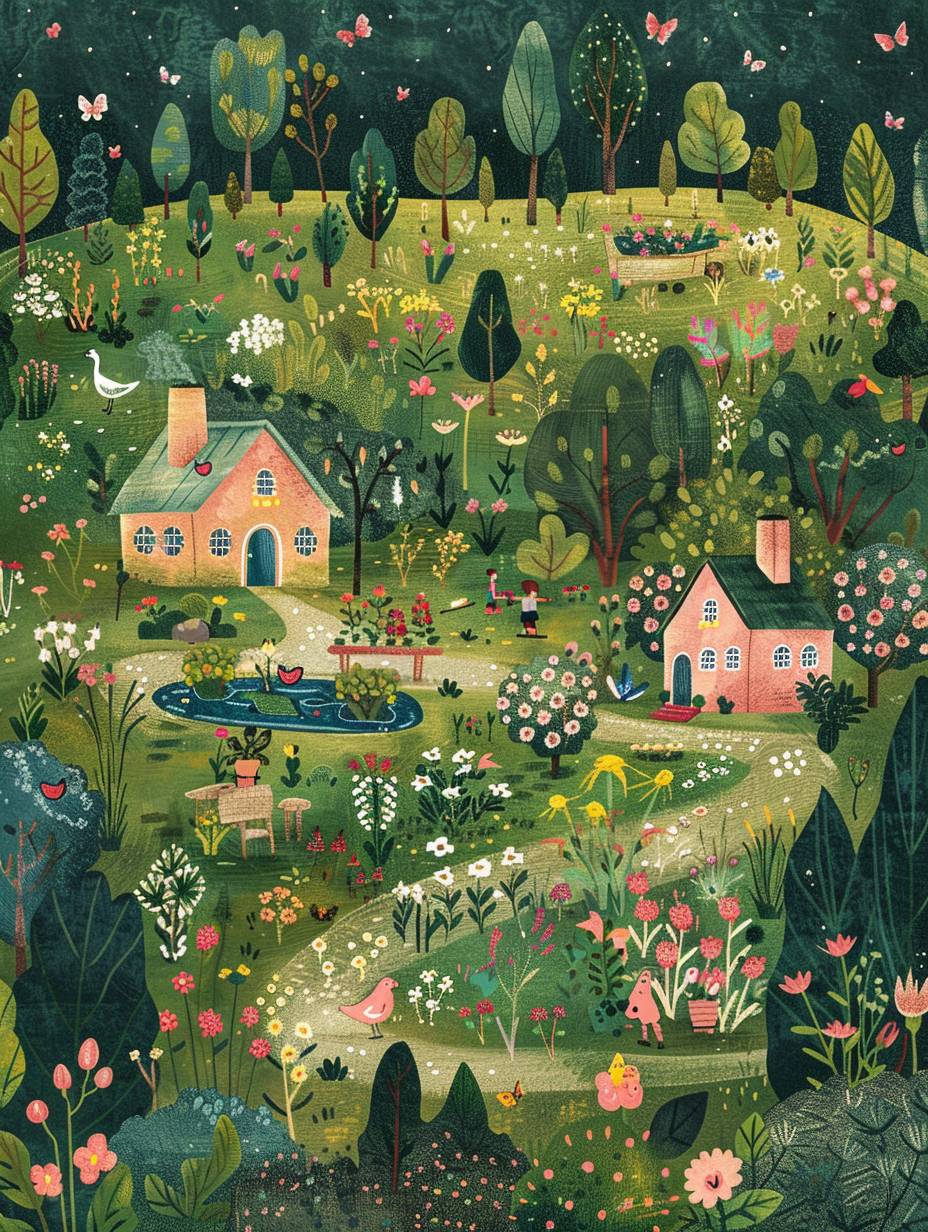 A whimsical garden with various raised beds, fields and lawn areas where children's illustrations of colorful flowers bloom. The illustration includes an array of gardening tools scattered around the area, while in one corner there is even a small pond surrounded by butterflies and birds. In another part of the scene lies a pink house nestled among trees, in the style of while on its roof two swans swim gracefully across the water surface. A group of kids play at a picnic.