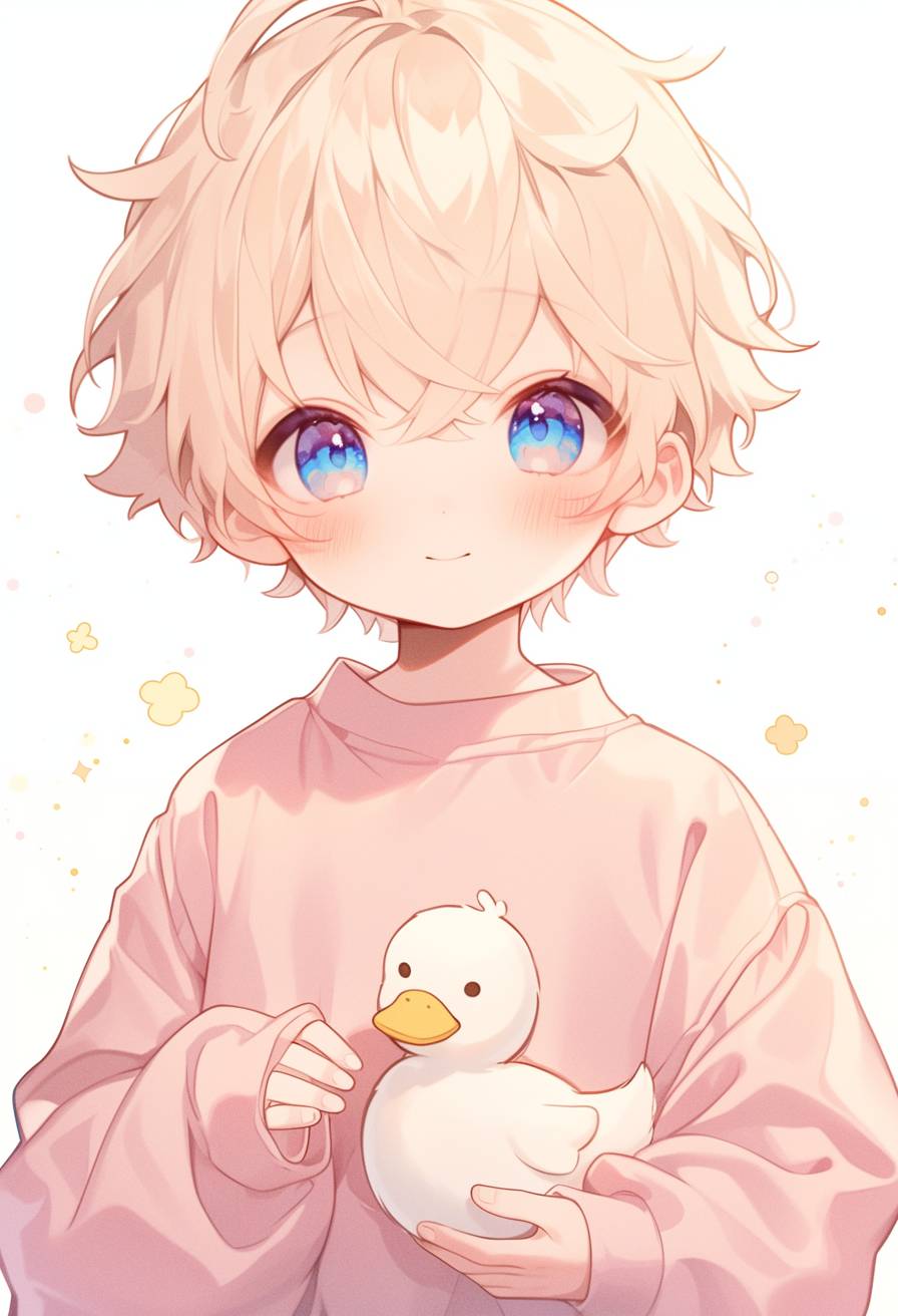 A cute little boy with short hair, blue eyes, and a pink sweater holding an adorable white duck in his hand, in the style of Japanese anime character design drawing, yellow background with small dots, high resolution, cute and dreamy, detailed facial features, light brown blonde color tone, high detail, high quality, high definition.