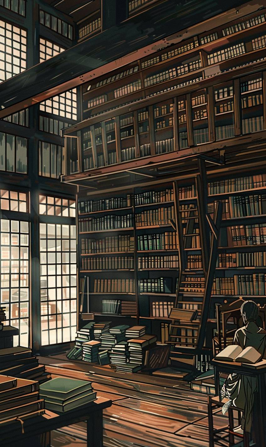 In the style of Katsushika Hokusai, a timeless library with endless shelves of books. --ar 3:5  --v 6.0