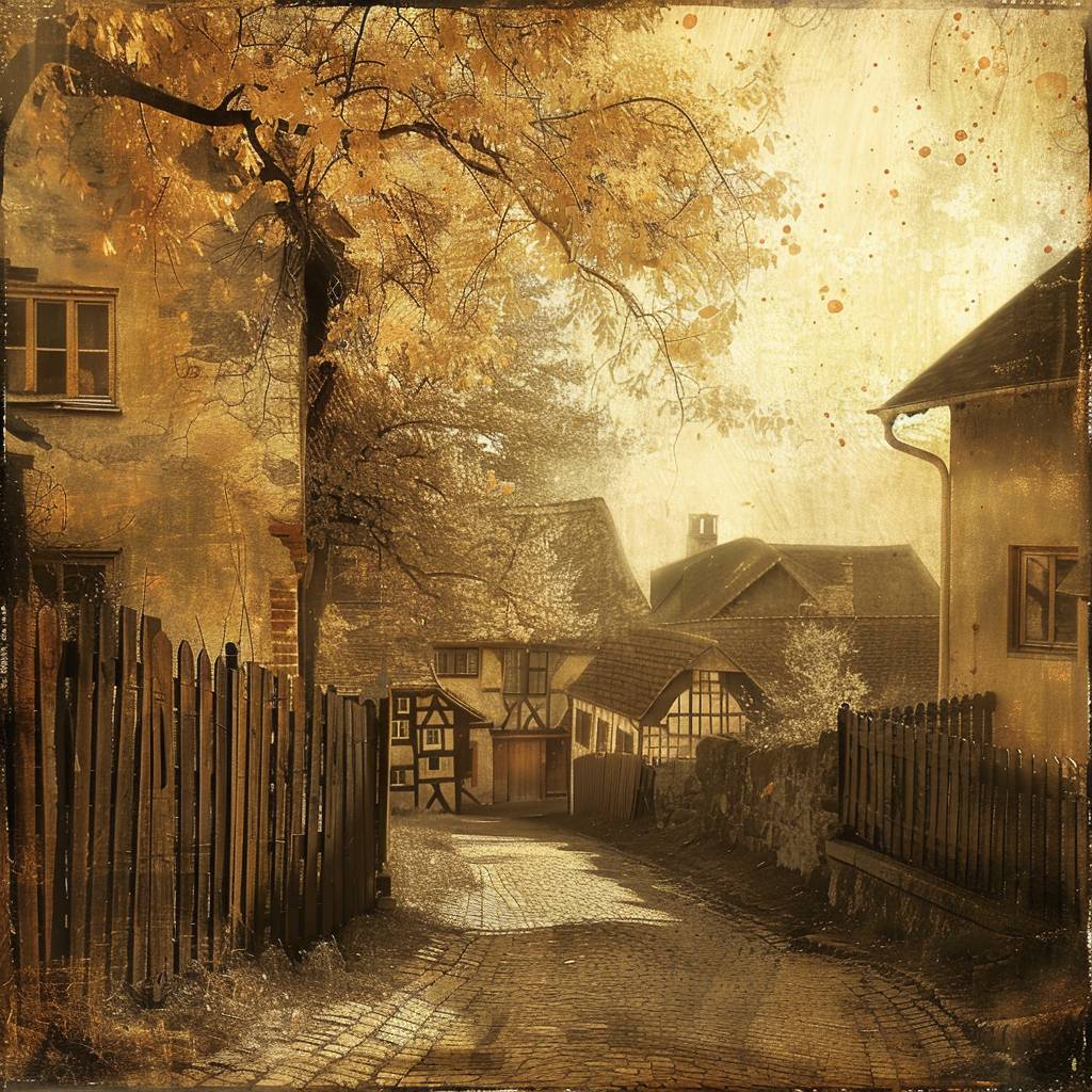 A warm and nostalgic photorealistic scene reminiscent of vintage times. The colors are rich in sepia tones, with muted yellows and rich browns dominating the palette. The image features a quaint and idyllic setting, perhaps a small town or village, with cobblestone streets, wooden fences, and rustic buildings. There's a sense of nostalgia and timelessness in the air, with the warmth of the sepia tones evoking feelings of comfort and familiarity.