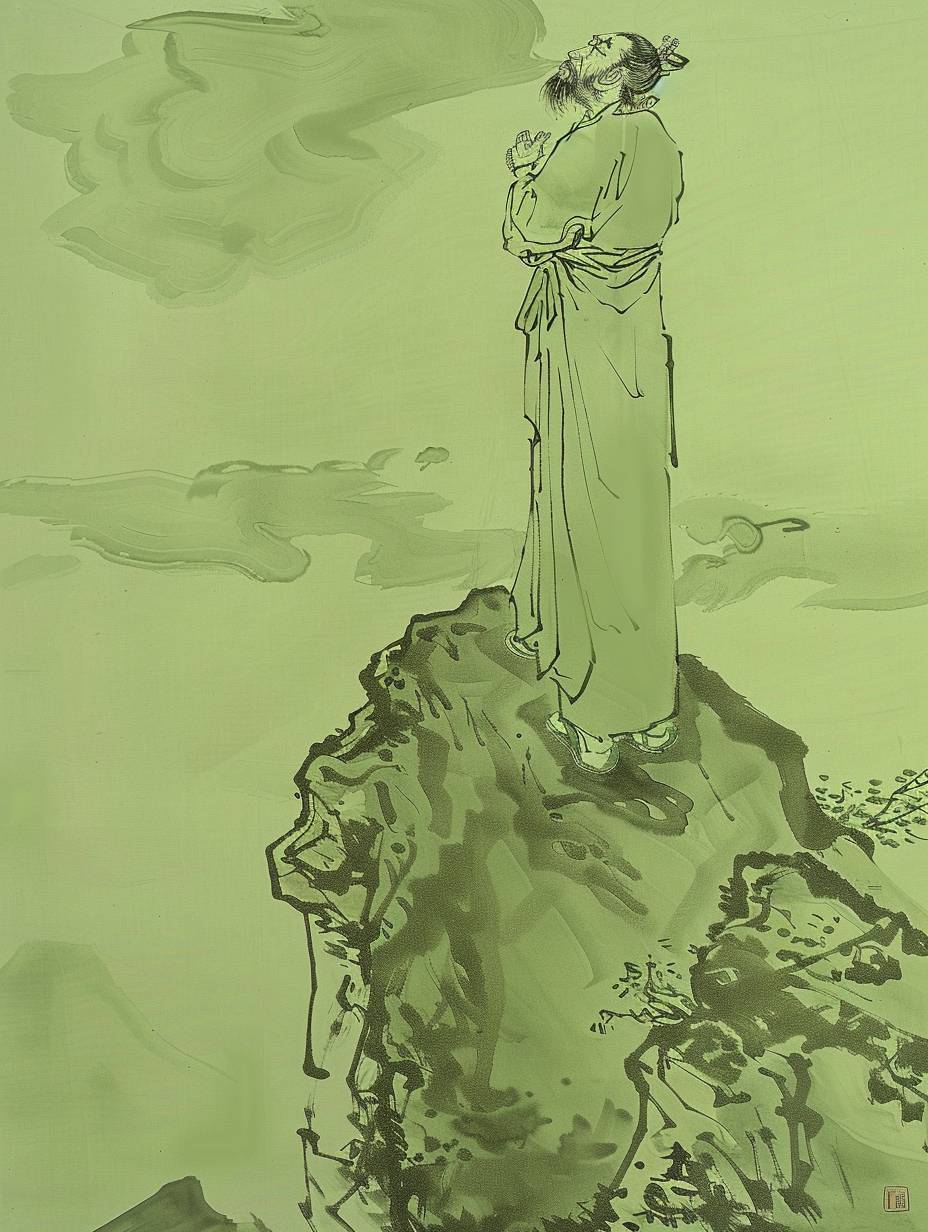 Chinese artist Huang Yongyu's depiction is full of comic exaggeration. An ancient Chinese poet, Li Bai, stands on a mountaintop, with an emotional expression and exaggerated facial expressions that emphasize the humor and weirdness. The background is a simple light green. Comic-like elements and playful exaggerations are used to emphasize the humor of the subject's appearance.