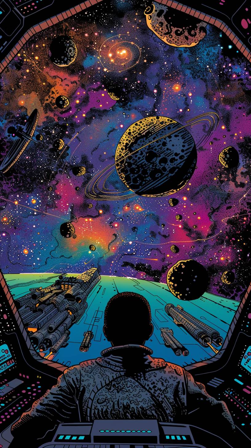 Retrowave, comic book style, comics, comic strip panel, Philippe Caza, Rodney Matthews, afrofuturism, entropy, inside of a spaceship looking out as the stars and galaxies go by, navigating through an asteroid field, turbulence, cosmic chaos, black people space crew, colorful, blacklight colors, black outline, 300 dpi