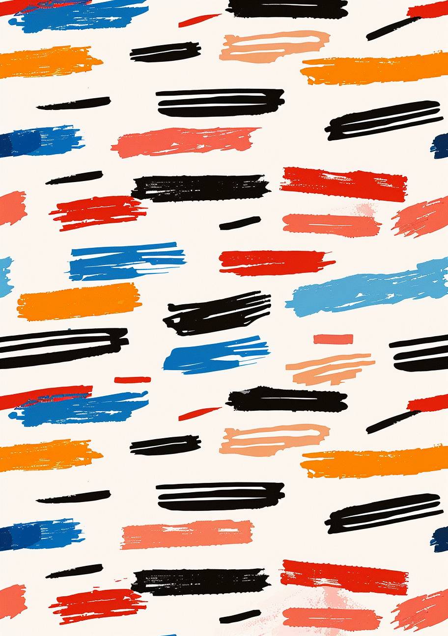 An illustration of an abstract pattern with small, colorful lines arranged in horizontal rows on a white background, inspired in the style of the works of Henri Matisse and Paul Klee, featuring vibrant reds, blues, oranges, black, and whites, with bold brush strokes and a sense of movement, suitable for print or digital design.
