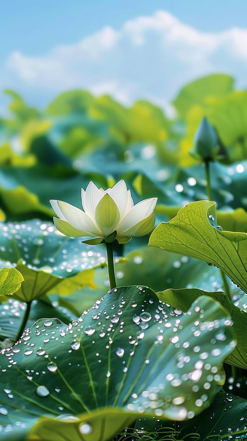 Photography scene at noon, water droplets on lotus flowers, telephoto lens, macro, elevation angle, lotus leaves, water surface, duckweed, blue sky, high saturation, natural light, bright green, vitality, high definition, 32K.