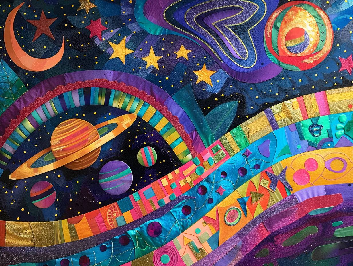 In style of Laurel Burch, Space explorer discovering a new planet