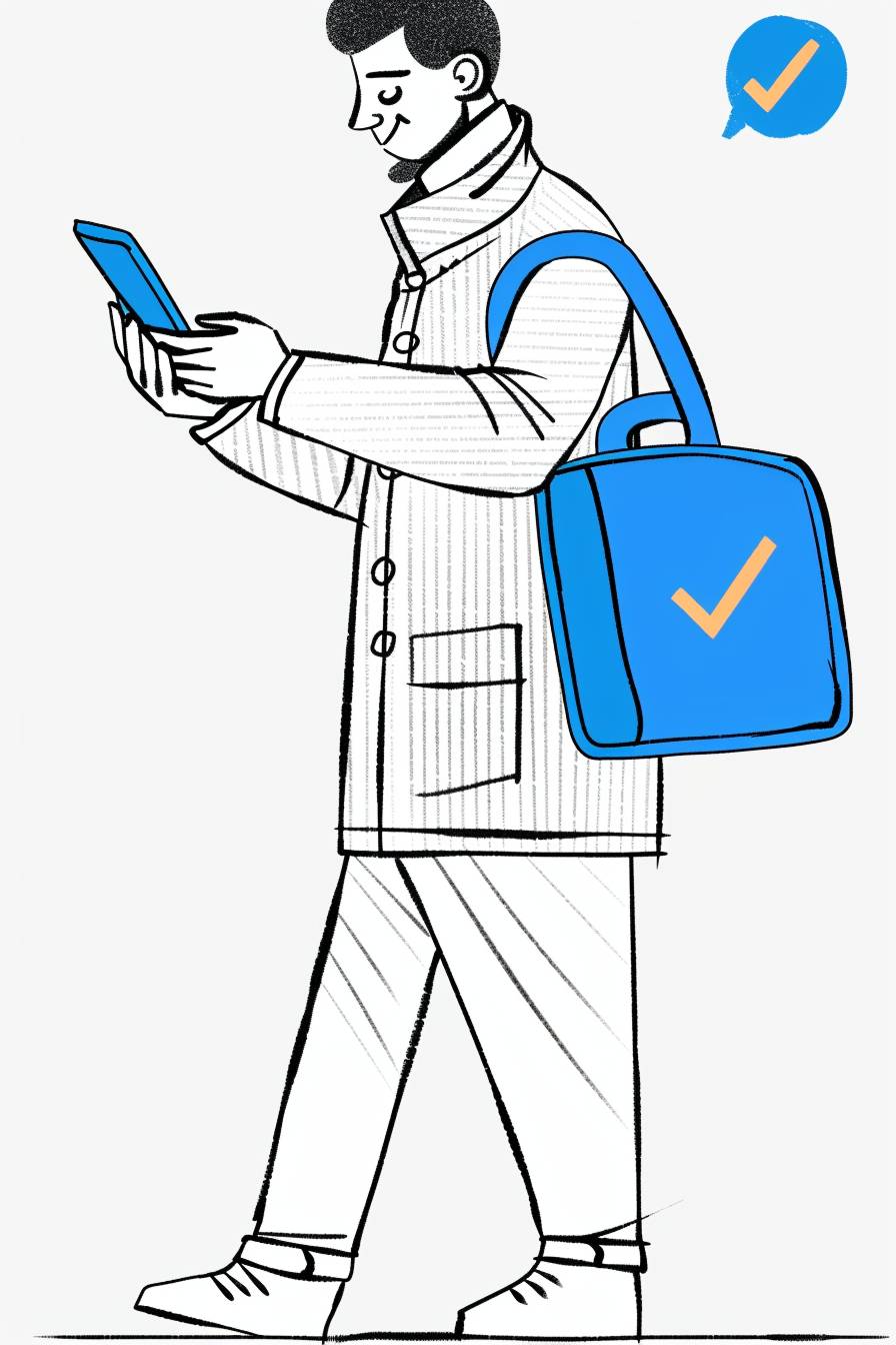 Illustration of a man holding a blue bag and looking at a cell phone with one hand, blue check mark, simple PPT only illustration