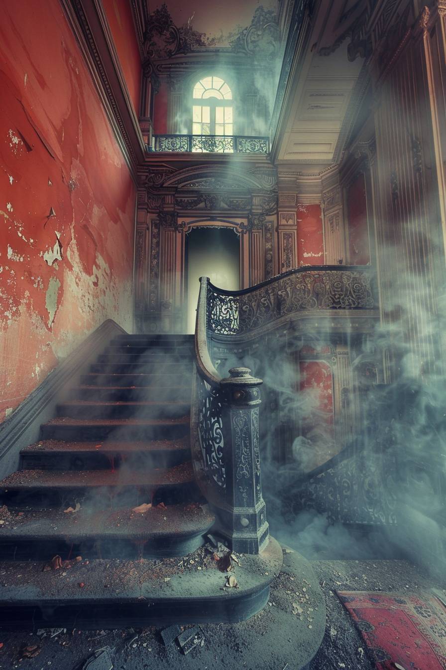 In the style of Marcin Sobas, a haunted mansion filled with ghostly whispers