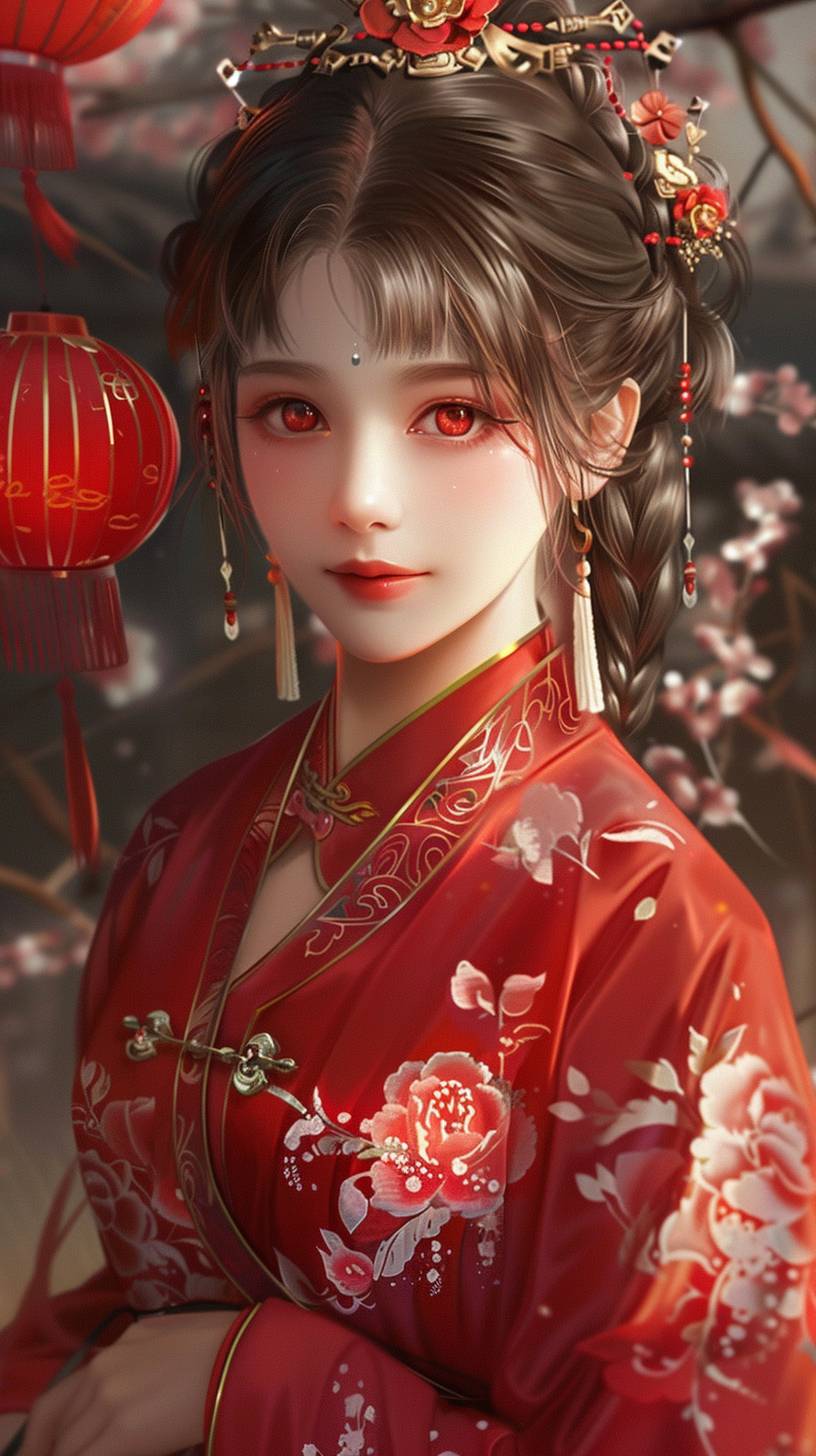 The girl, wearing a red traditional Chinese dress, is extremely delicate and beautiful. She has bangs, red eyes, medium-length brown hair, and a headpiece. From the side, she has a lantern, long sleeves, medium hair, a red bow, upper body, a smile, a retro profile picture, best quality, masterpiece, and an anime style.