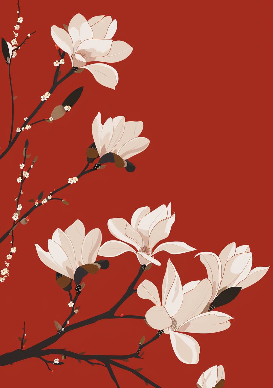 ベクトルイラストのスタイルで赤地に白い木蘭の花、フラットデザイン、シンプルな線と形状、影やグラデーションはなく、ベクトルグラフィックス、中国の新年のテーマ、中国の伝統文化に触発された要素、ミニマリストの芸術スタイル、フレームの上部には白いスペースがあります。