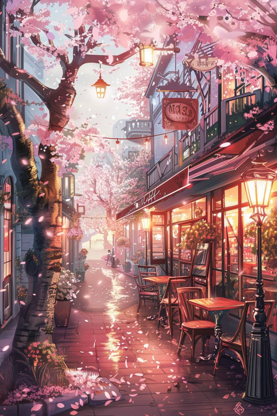 A charming vintage cafe nestled in the heart of an old European city, surrounded by blooming cherry blossom trees and adorned with classic street lamps. The artwork focuses on faces in the style of anime with a pink color tone and cute watercolor style, rendered with hyper quality.