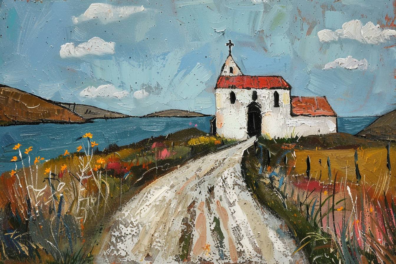 In style of Gary Bunt, stunning natural landscape, church