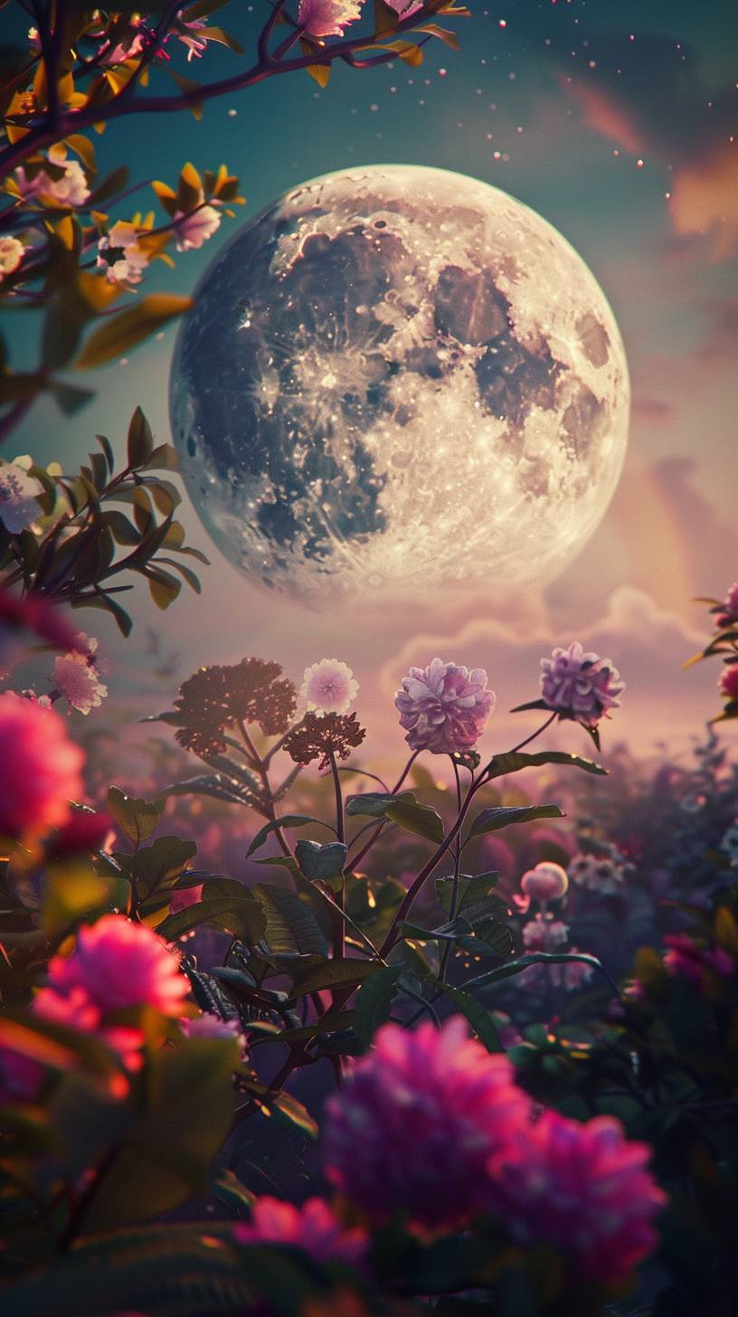空中の抽象的な月、カラフルな風景、様々な植物、愛らしい花々、3D、vrayスタイルの柔らかいロマンチックな風景
