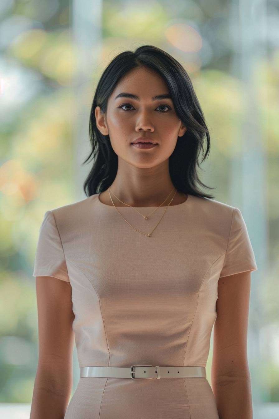 A full body image of an elegant 21-year-old Indonesian woman looking at the camera, wearing a solid color sheath dress with a thin belt and a thin necklace, exuding energetic vibes. The location is Apple Park, and she works as a financial analyst, with detailed facial features that are indistinguishable from reality. The shot has a cinematic style, excluding children, males, and pregnancy, with an aspect ratio of 2:3, a raw style, and version 6.0.