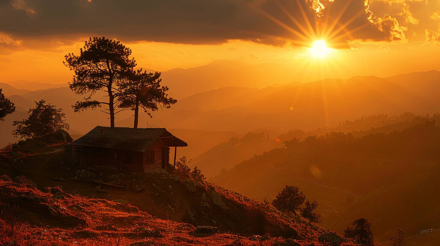 landscape photo of a hut on a mountain top, backlit