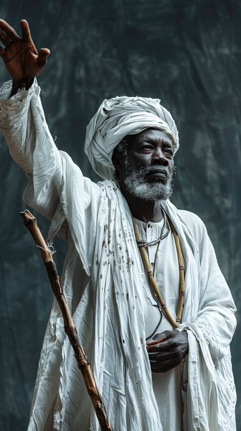 In cinematic scene and hyper-realistic. A Sudanese man wearing Sudanese traditional clothing a white Jalabiya and a white turban and wearing bearish around his neck. He holds stick around his left hand and rising up his right hand.