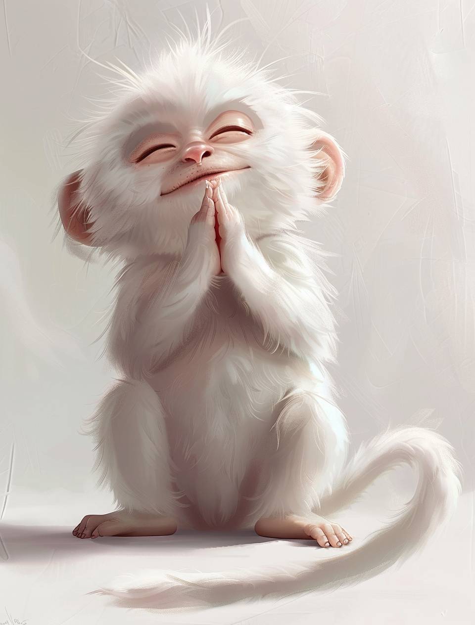 かわいらしい白い体の太った猿で、笑顔でその目を閉じ、手を胸に合わせて祈りを捧げています。白く清潔な壁の背景。全身に白い毛が生え、白い耳と白い尾があります。アニメスタイルとピクサーアートスタイル。