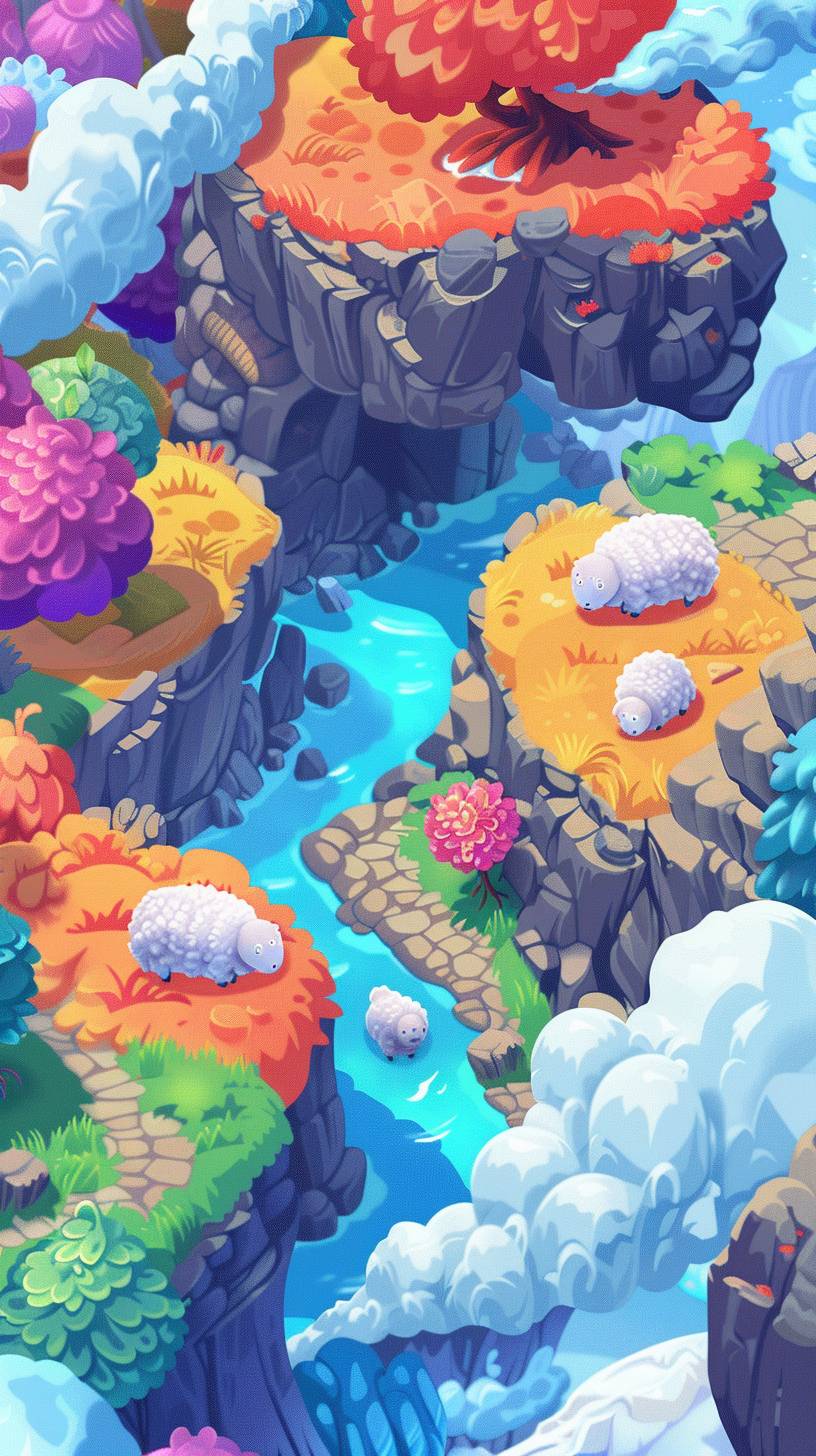 A surreal game with sheep for iPhone, in a top-down isometric perspective, vibrant colors, 2D style, --ar 9:16 --v 6.0