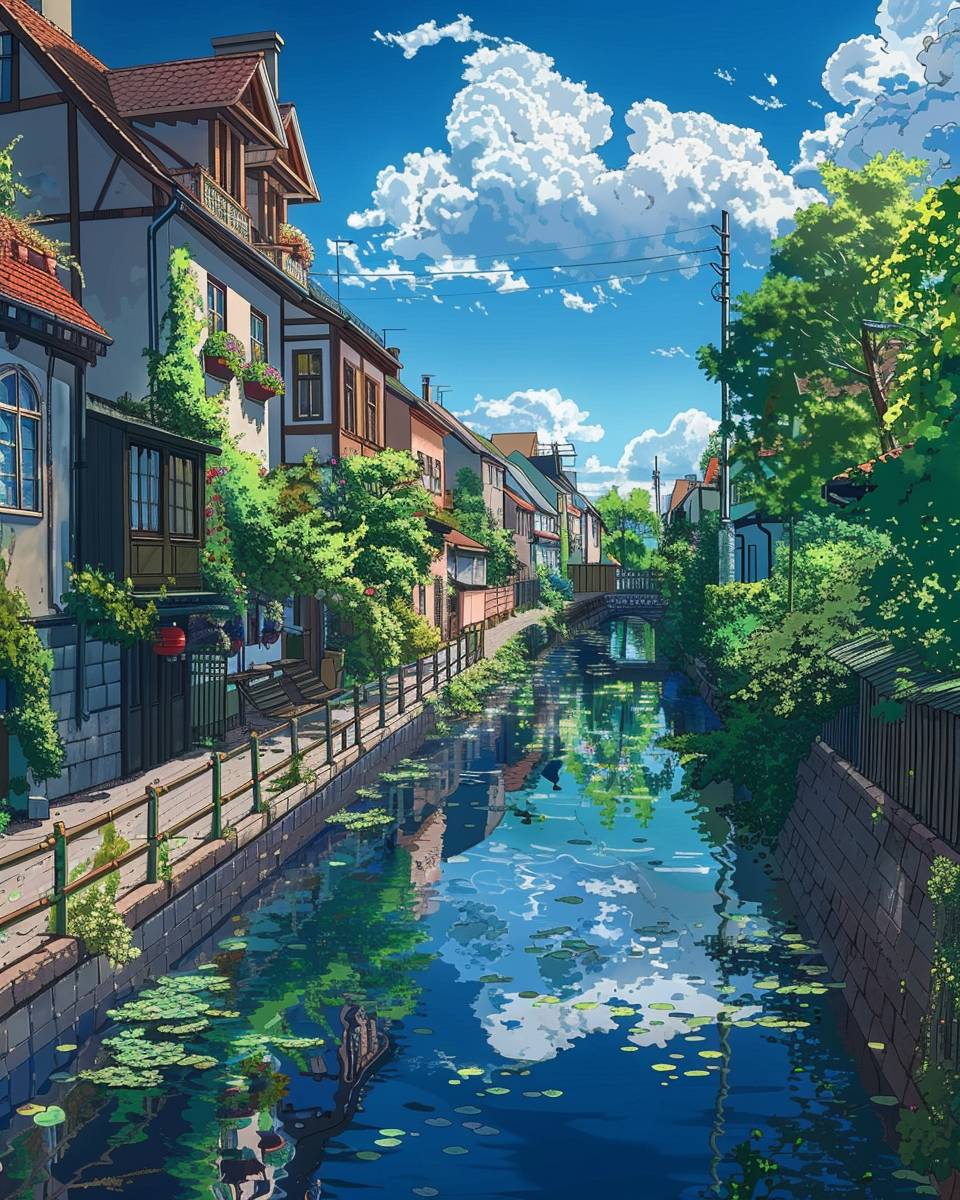 アニメスタイルで描かれたウィーンオーストリアの落書き運河沿いの家々や道路、青空と白い雲、宮崎駿風のスタイル、高解像度、高品質、高ディテール。