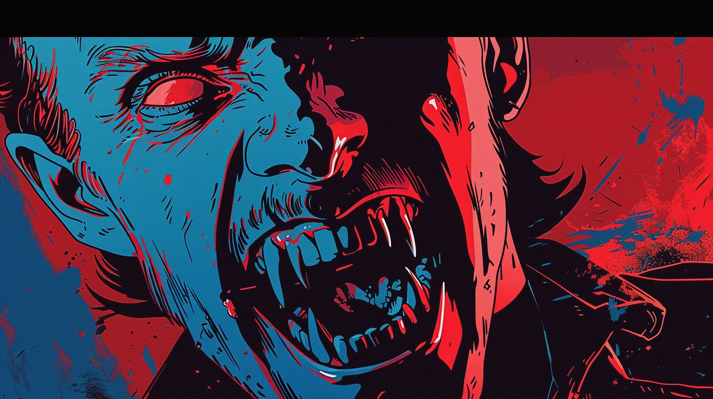 Close up of a vampire [creature] | fangs showing | Machinepunk | modern flat SVG Moebius pulp comic art | low saturation cyan and garnet colors