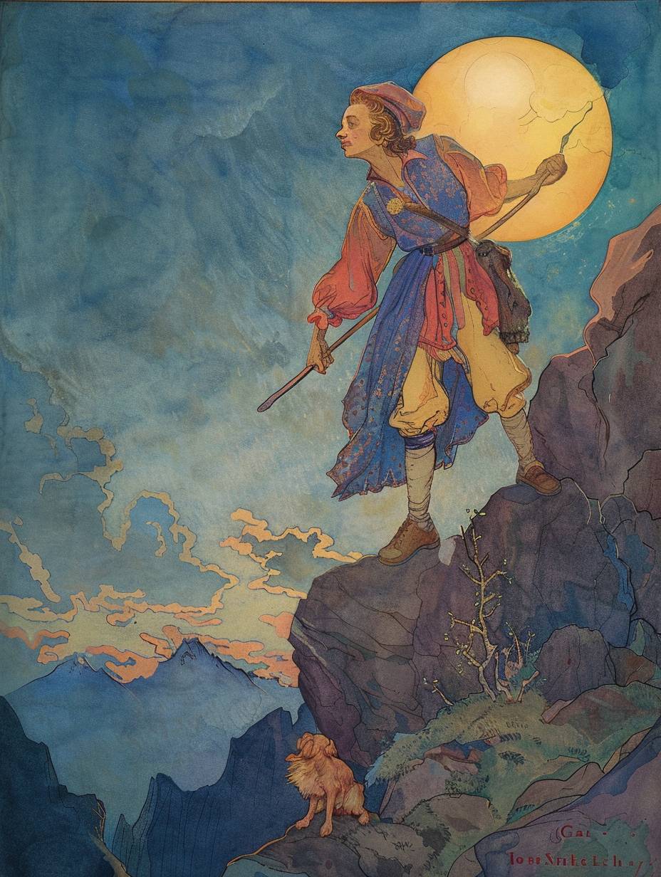 色とりどりの服を着た若者が、肩に棒に掛けた小さな袋を持ち、崖の端に立っている。彼はのんびりとしており、空を見上げており、足元で小さな犬が楽しげに遊んでいる。背景には明るい太陽と青い空、遠くに山が見える。イラストはエドモン・デュラック、ケイ・ニールセン、アルフォンス・ミュシャによるものです。ダークゴシックカラースキーム。