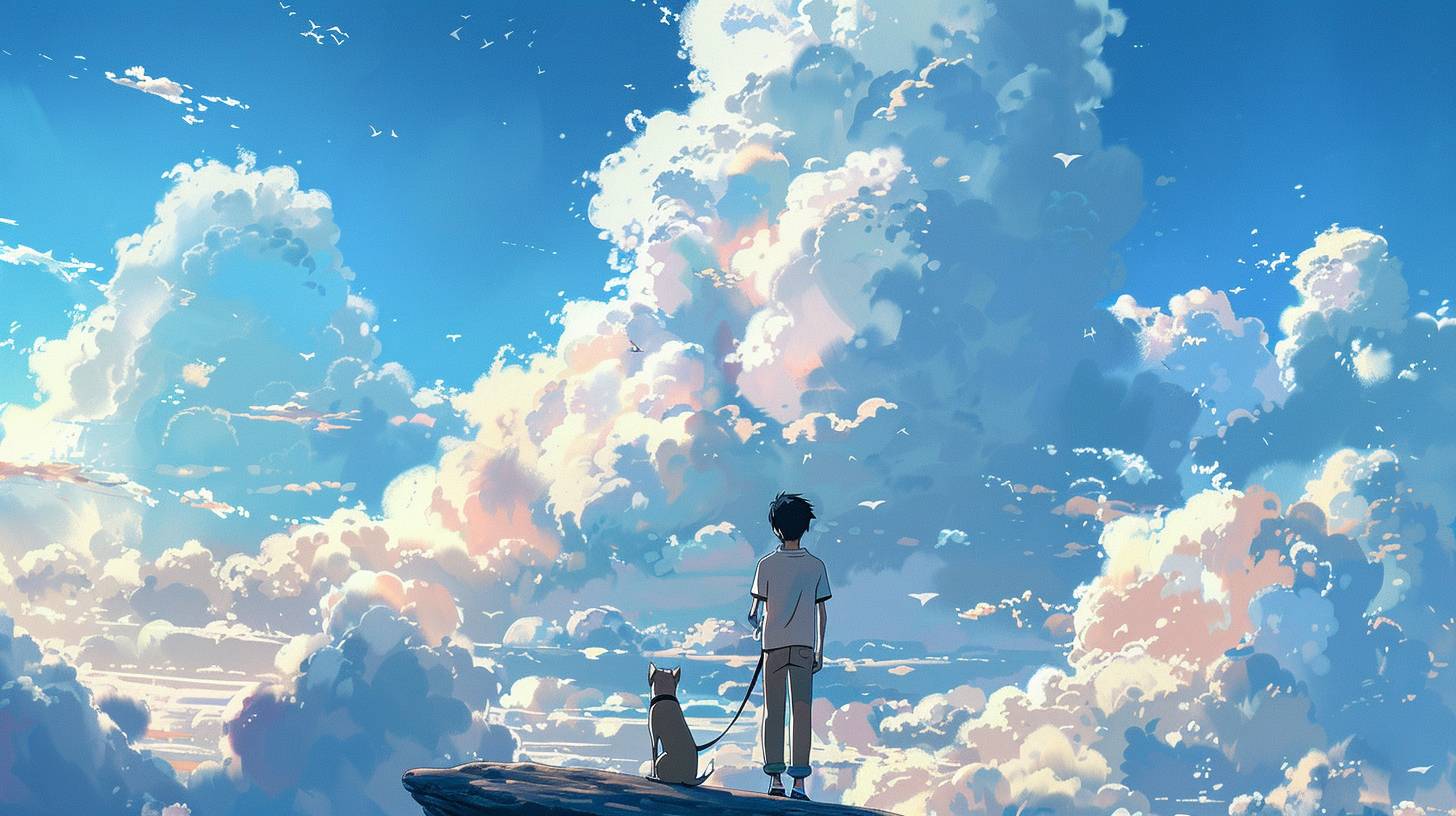 白いシャツを着た男性と犬が雲を見つめるセルシェーディングのアニメスタイル、スタジオジブリや新海誠のような。