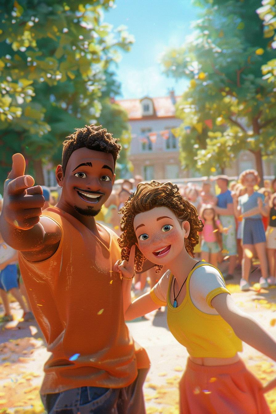 A Pixar-style illustration of two happy, dynamic adult friends smiling and pointing at the camera with eye contact, in a sunny schoolyard during an annual fair. The man is black and the woman is white. The background depicts a slightly blurred schoolyard filled with joyful families and children. Tall trees and fences surround the schoolyard, with a school building from the 1990s in northern France visible in the background. The illustration features bright, vibrant colors with soft lighting and a cheerful atmosphere. It was created using digital painting techniques, incorporating soft shading, high contrast, cartoon-like details, and the influence of Pixar films. The result is a high-definition artwork with a natural look and a playful mood.