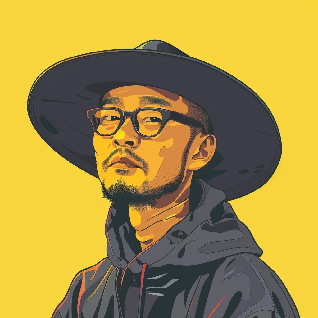 A colorful, artistic illustration of a 40-year-old Japanese man with a clean-shaven face and a shaved head, wearing a wide-brimmed hat, glasses, and a hoodie. The background is yellow, and the composition is a diagonal angle. Natural light illuminates the scene.