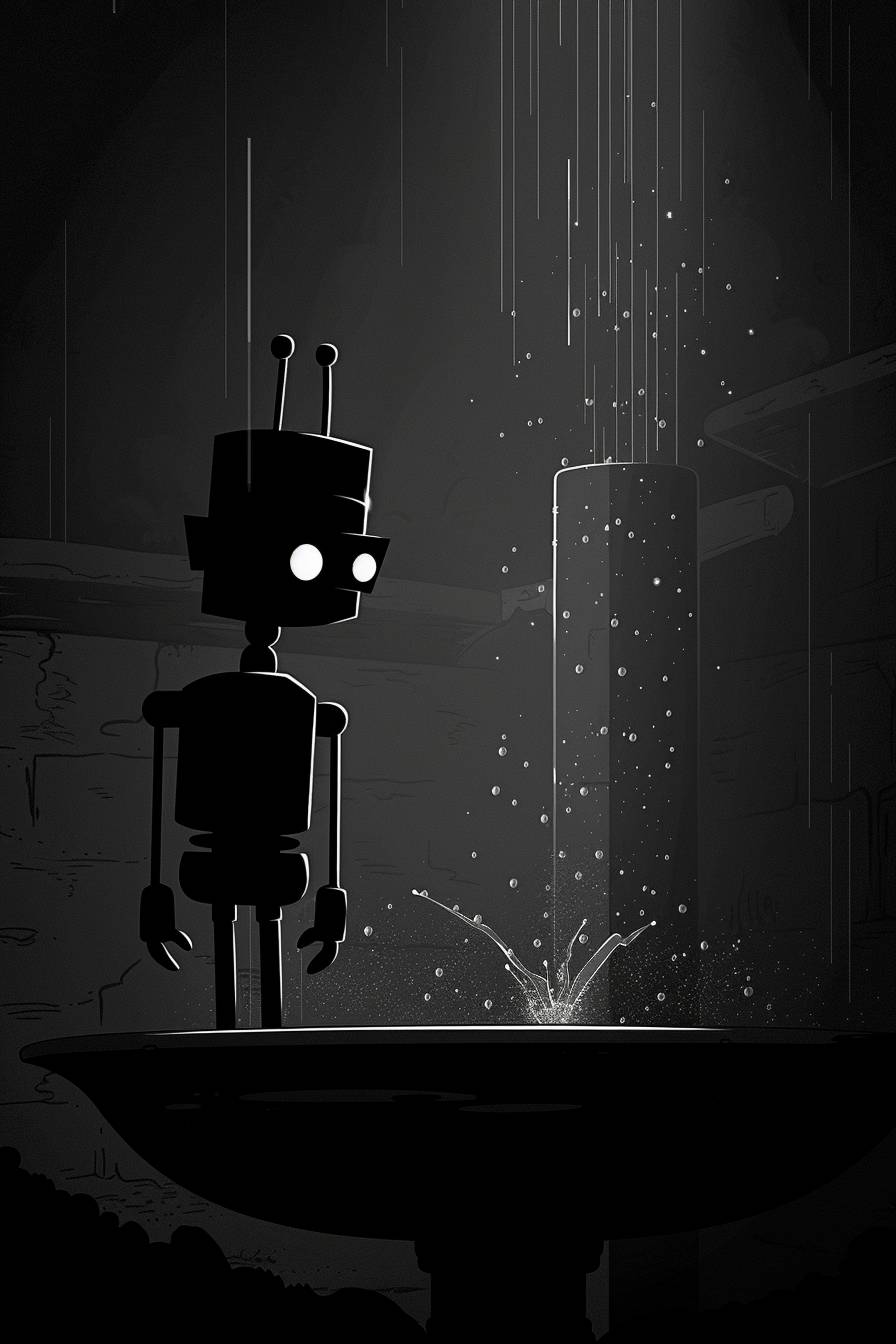 フューチュラマのベンダーに似たサイレントロボットのミニマリストな白黒ベクターアートが、エイドリアン・トミーヌ風のスタイルで暗室の滑らかでフラットなライティングの中にある噴水のそばに描かれています。
