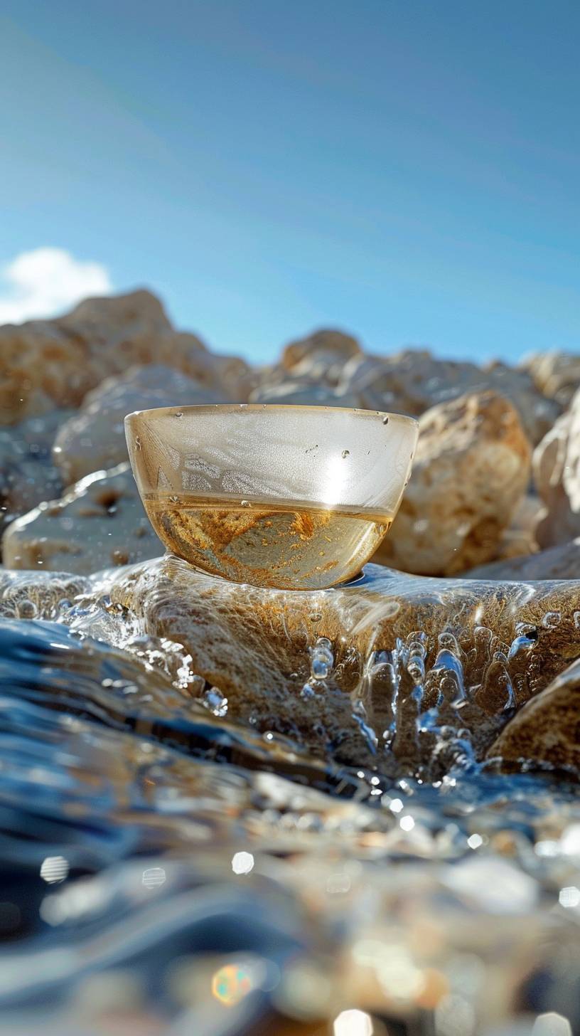 Realistic photo level, on the rocks of a fast flowing stream, there is a long shaped water cup filled with clean water, with a background of blue sky and a little cloud