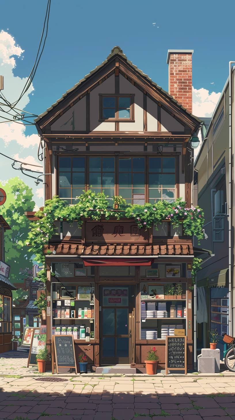 Anime style, small shop front view, two stories small building, 4k