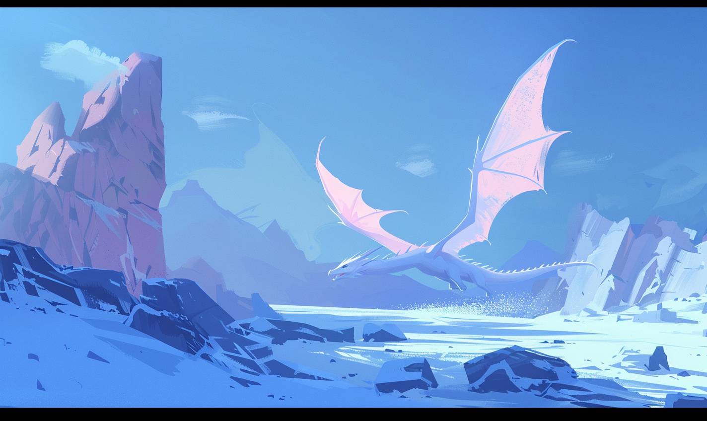 ジャン・ジュリアンのスタイルで、凍った風景の上を飛び回るアイスドラゴン