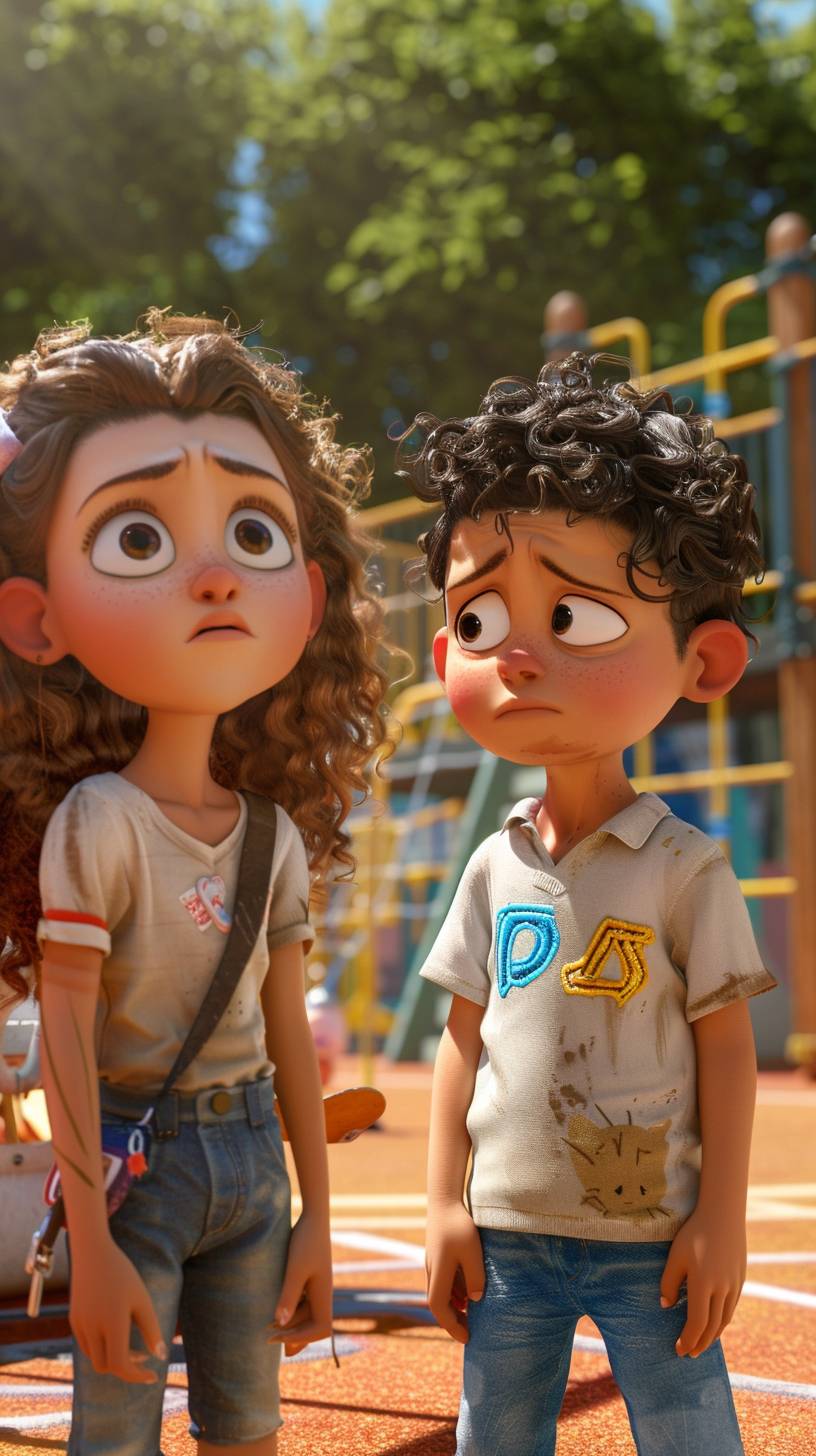 Long distance wide angle view, front view, a brave girl stands in front of a sad young boy. The boy has a very round curly haircut and they are at the playground at school. Cartoon characters in the style of 3D Disney Pixar animation, 8k, 3D style, 3D art