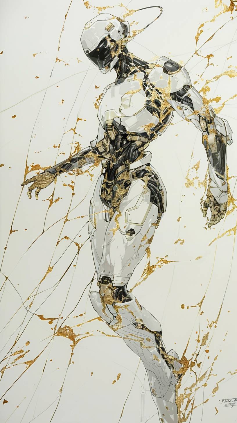 Female cyborg character design by Yoji Shinkawa, intricate and elegant, with gold veins that look like wabi sabi throughout -- aspect ratio 9:16 -- version 6.0