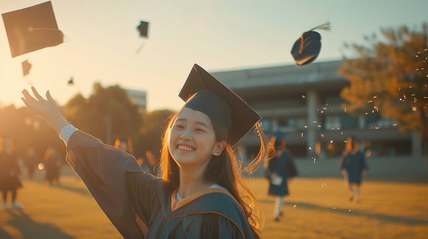 Teenage girl in a graduation gown, throwing her cap in the air. Beaming smile. Tassel flying. School grounds. Late afternoon. Other graduates, school building in the background. Long shot, capturing the full scene. Warm lighting, cap frozen mid-air. High-speed capture.
