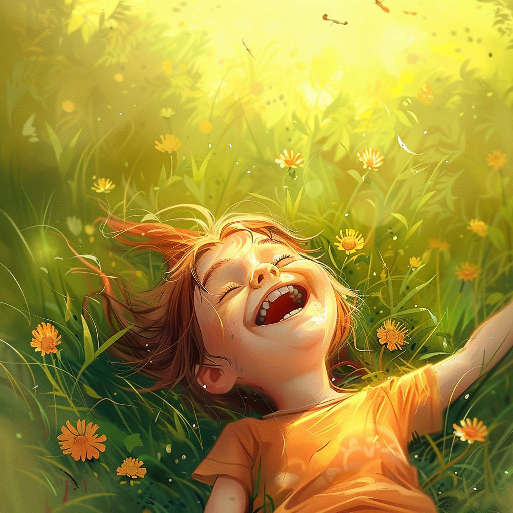 Spring, a super cute little girl is lying on the grass, laughing, sunny day, cartoon style, natural light, full body focus, high quality, super details, HD, 32K