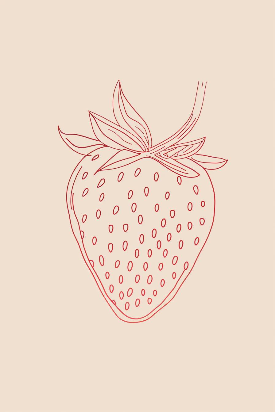 シングルストロベリーのミニマリストラインアート、ラインは薄いピンク色、種子はドットで、ストロベリーは濃いピンク色、クリーム色の背景。