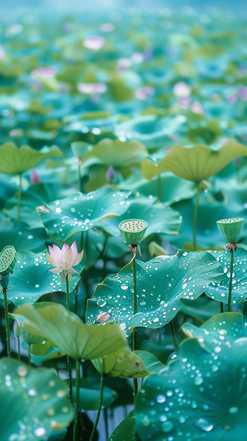 お昼の写真撮影シーン、蓮の花に水滴、テレフォトレンズ、マクロ、高さ角、蓮の葉、水面、浮草、青空、鮮やかな彩度、自然光、明るい緑色、活力、高画質、32K。