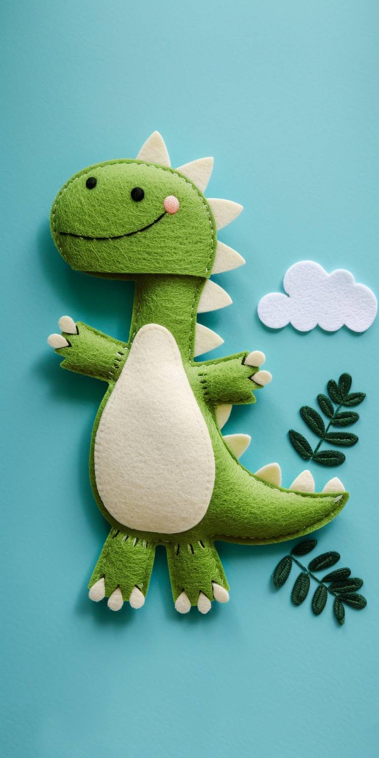 シンプルな刺繍フェルト製の緑の恐竜、白い腹部、シンプルなデザイン、青い背景の上にフラットレイ
