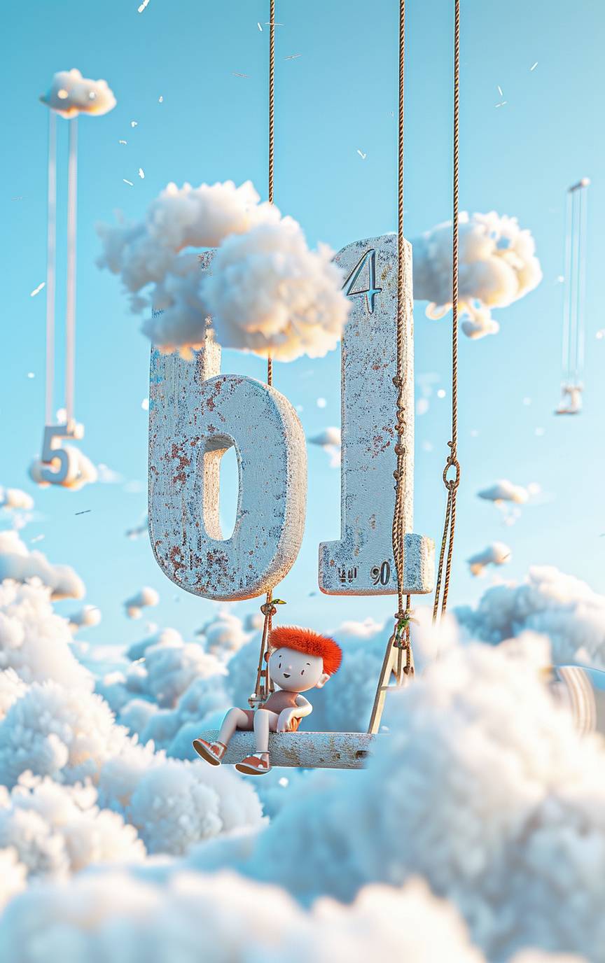 3D illustration of the number '61' with a background of blue sky and light clouds, featuring a light color theme and a spring atmosphere, stylish minimalistic design in Pixar style. A cute little kid swings on a giant number swinging in the wind.