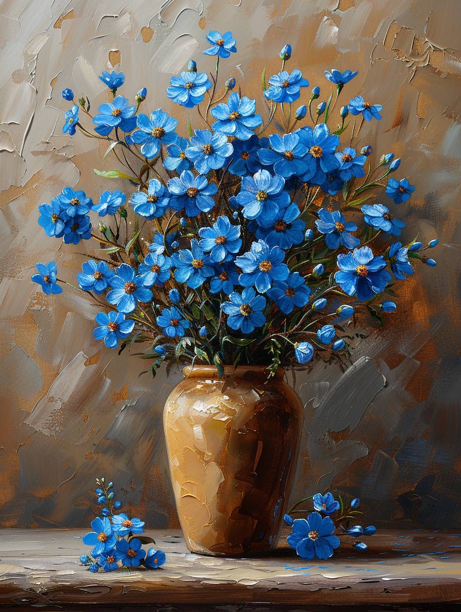 Myosotis sylvatica, Oil painting, Van Gogh style oil painting, The brushstrokes of the oil painting are obvious, Artistic composition, The highest picture quality, 8K, HD