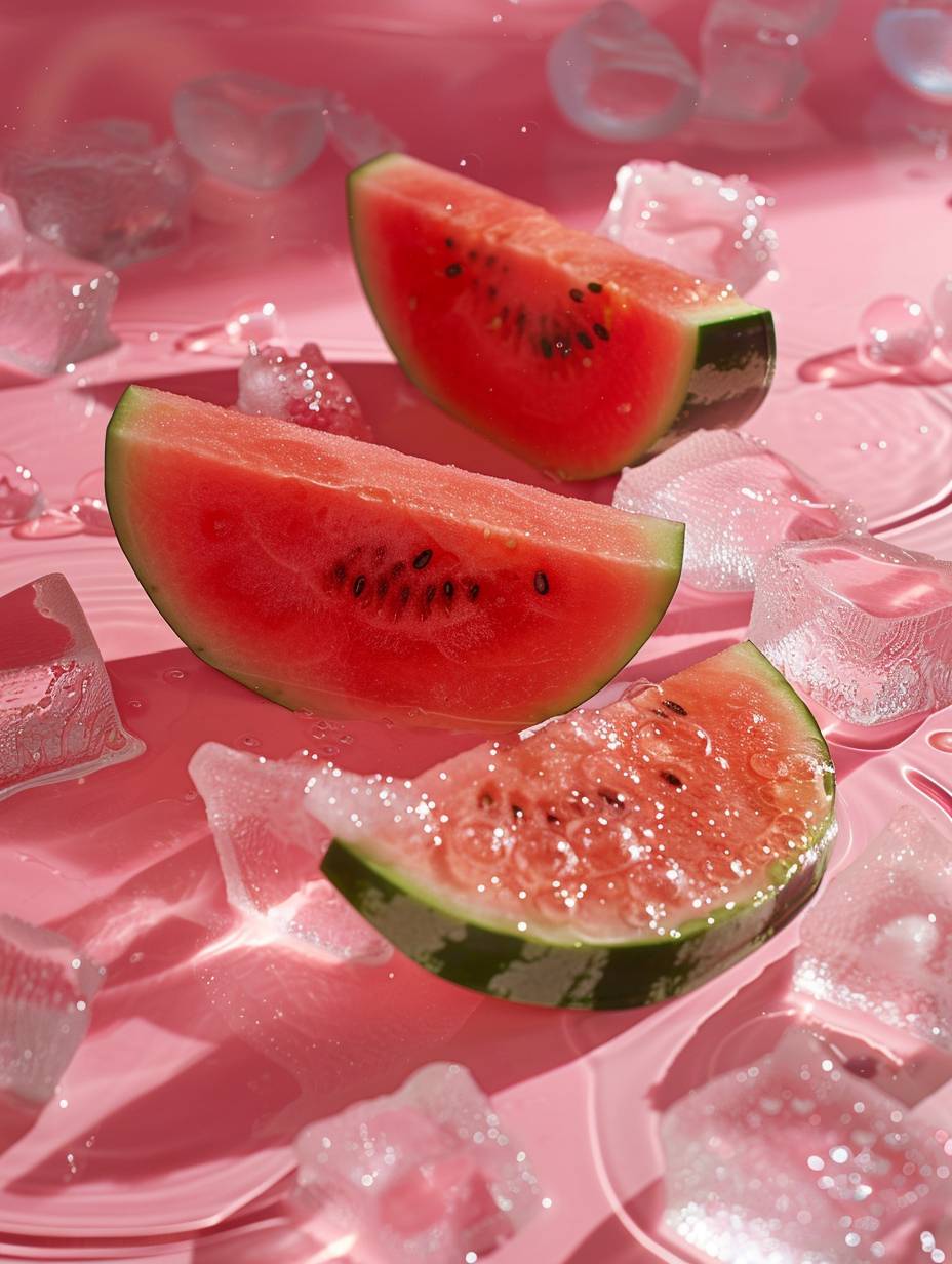 Food photography, three slices of cut watermelon lying in ice water with 3 different sizes of ice cubes and bubbles in the water, pink background, soft lighting, Hasselblad camera professional photography