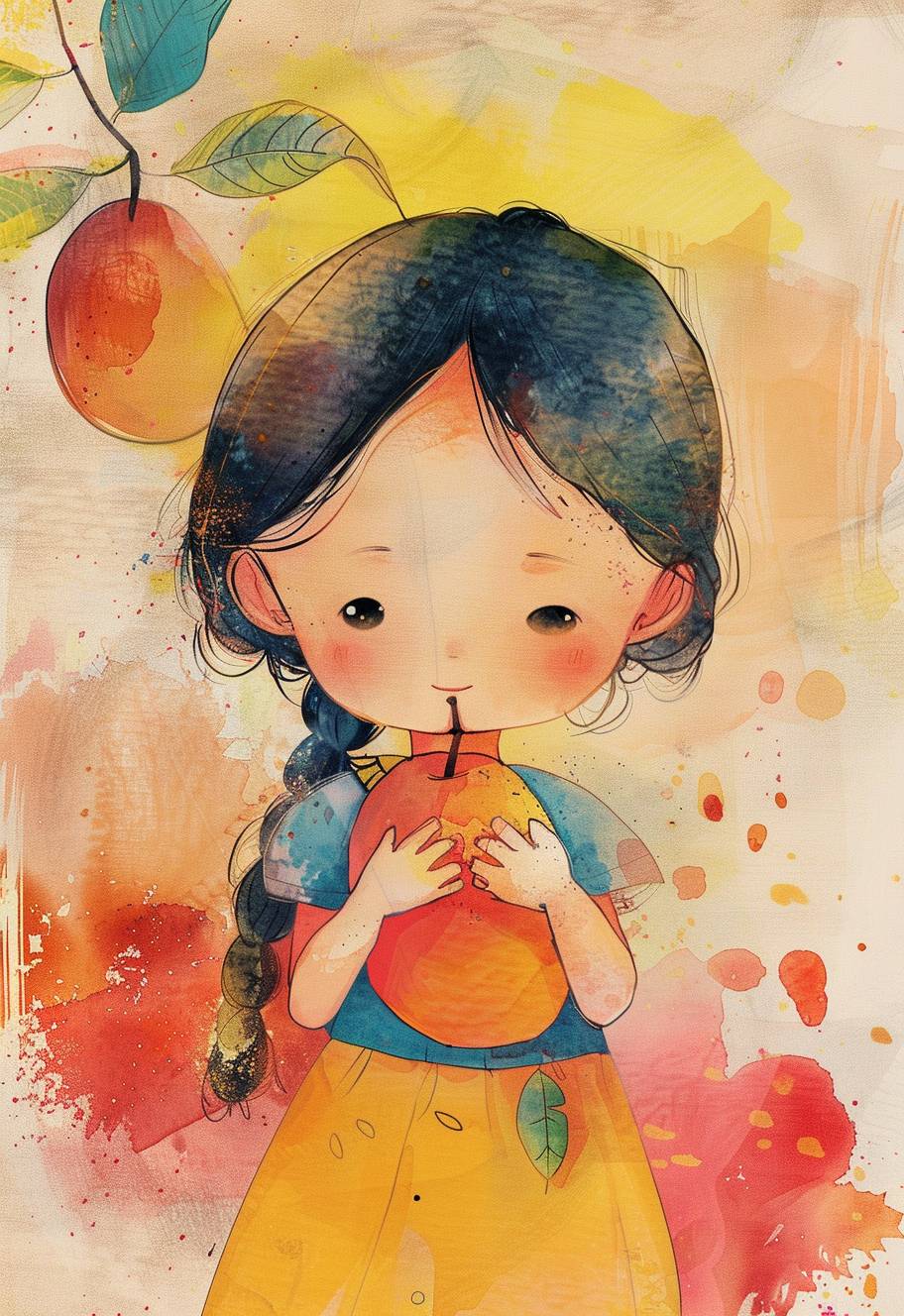 Create a beautiful mango core Pixar watercolor core clipart of a mango girl, texture background, use light colors, show full picture, no cut offs.