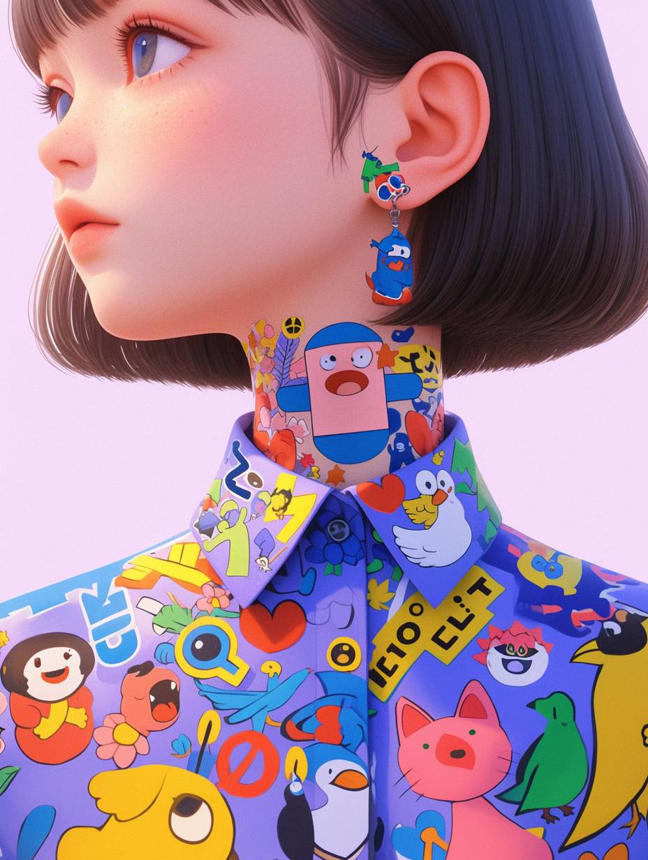 A girl wearing a purple shirt, mixed patterns of text and emoji installations, close-up,