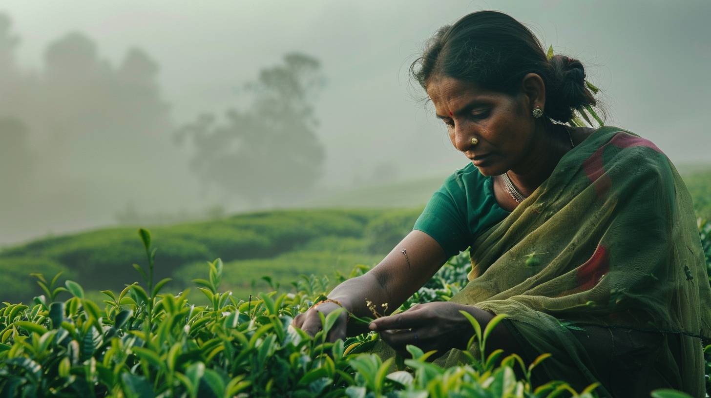 Woman in a sari, picking tea leaves. Dark eyes. Graceful hands. Indian tea plantation. Morning. Misty hills, rows of tea bushes. Wide shot, full body. Diffused lighting, mist softening the landscape. Vibrant color palette.