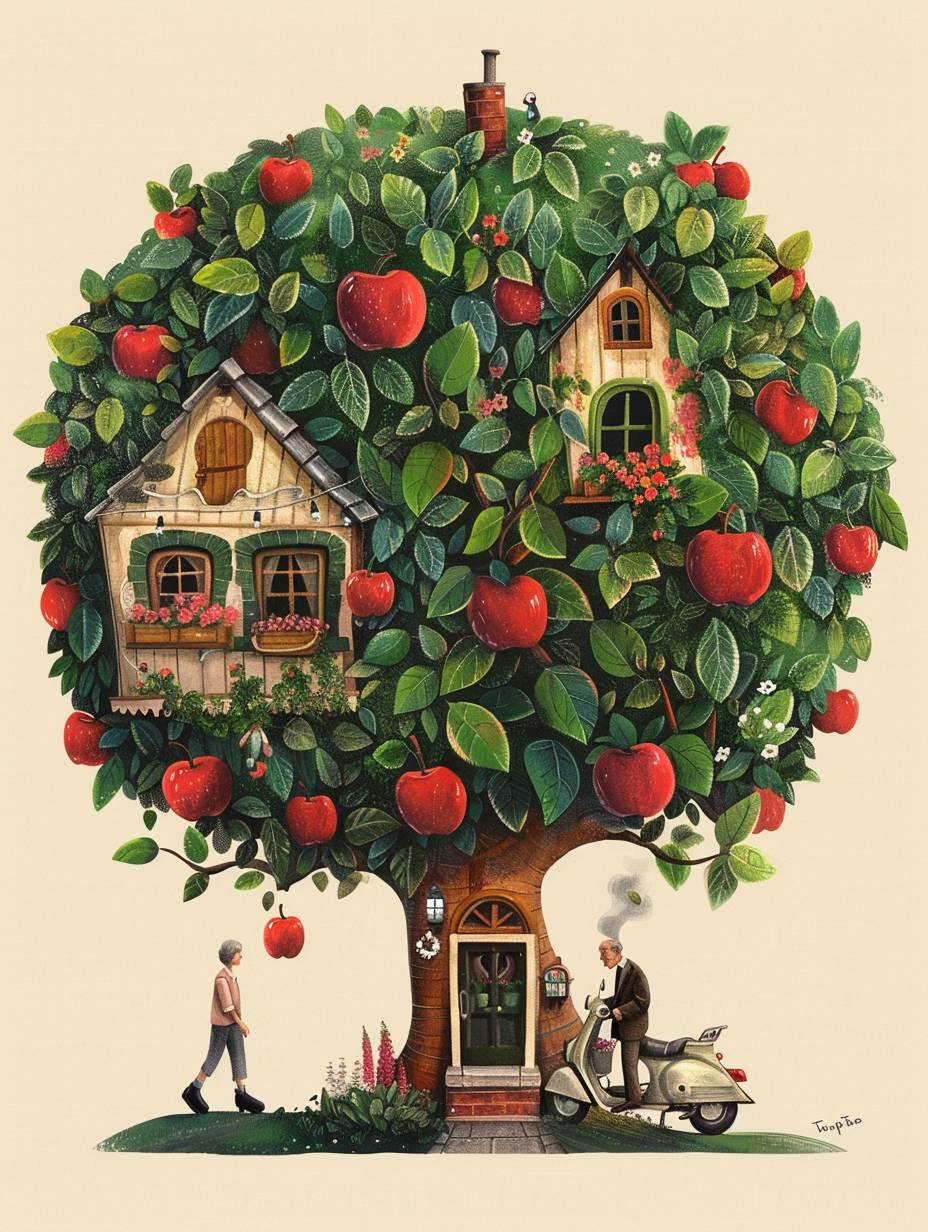 A whimsical little house shaped like an apple tree, with vibrant green leaves and small flowers adorning its branches. A couple of elderly people walk past the house on their way home from shopping at the market, while one man is sitting outside his door smoking a cigarette next to him there stands a white motorcycle. The background color should be soft yellow, and in the style of children's book illustration, simple lines, white background, simple details, low detail, no shadows.
